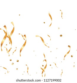  Gold confetti, ribbons. Falling glitter. Bokeh background. Abstract golden anniversary invitation template. Wedding concept card. Flying abstract particles. Explosion celebrate card.