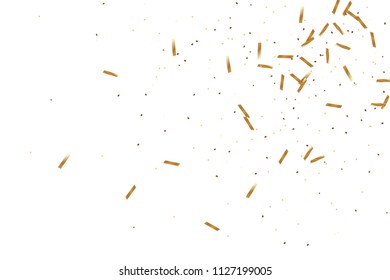  Gold confetti, ribbons. Falling glitter. Bokeh background. Abstract golden anniversary invitation template. Wedding concept card. Flying abstract particles. Explosion celebrate card.
