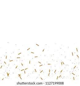  Gold confetti, ribbons. Falling glitter. Bokeh background. Abstract golden anniversary invitation template. Wedding concept card. Flying abstract particles. Explosion celebrate card.