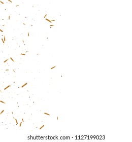  Gold confetti, ribbons. Falling glitter. Bokeh background. Abstract golden anniversary invitation template. Wedding concept card. Flying abstract particles. Explosion celebrate card.