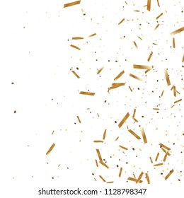  Gold confetti, ribbons. Falling glitter. Bokeh background. Abstract golden anniversary invitation template. Wedding concept card. Flying abstract particles. Explosion celebrate card.