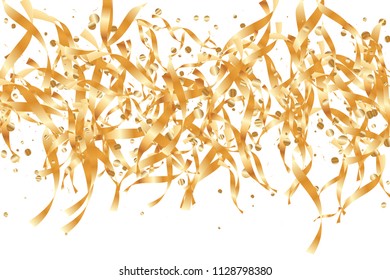  Gold confetti, ribbons. Falling glitter. Bokeh background. Abstract golden anniversary invitation template. Wedding concept card. Flying abstract particles. Explosion celebrate card.