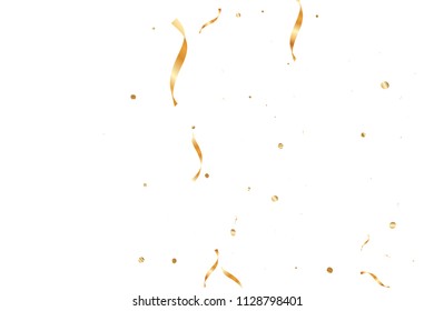  Gold confetti, ribbons. Falling glitter. Bokeh background. Abstract golden anniversary invitation template. Wedding concept card. Flying abstract particles. Explosion celebrate card.