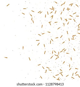  Gold confetti, ribbons. Falling glitter. Bokeh background. Abstract golden anniversary invitation template. Wedding concept card. Flying abstract particles. Explosion celebrate card.