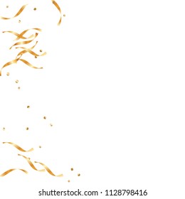  Gold confetti, ribbons. Falling glitter. Bokeh background. Abstract golden anniversary invitation template. Wedding concept card. Flying abstract particles. Explosion celebrate card.