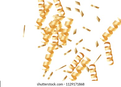  Gold confetti, ribbons. Falling glitter. Bokeh background. Abstract golden anniversary invitation template. Wedding concept card. Flying abstract particles. Explosion celebrate card.