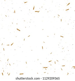  Gold confetti, ribbons. Falling glitter. Bokeh background. Abstract golden anniversary invitation template. Wedding concept card. Flying abstract particles. Explosion celebrate card.