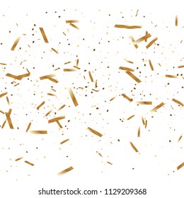  Gold confetti, ribbons. Falling glitter. Bokeh background. Abstract golden anniversary invitation template. Wedding concept card. Flying abstract particles. Explosion celebrate card.