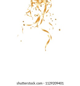  Gold confetti, ribbons. Falling glitter. Bokeh background. Abstract golden anniversary invitation template. Wedding concept card. Flying abstract particles. Explosion celebrate card.