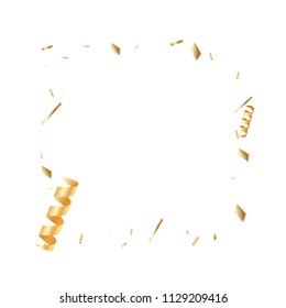  Gold confetti, ribbons. Falling glitter. Bokeh background. Abstract golden anniversary invitation template. Wedding concept card. Flying abstract particles. Explosion celebrate card.
