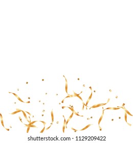  Gold confetti, ribbons. Falling glitter. Bokeh background. Abstract golden anniversary invitation template. Wedding concept card. Flying abstract particles. Explosion celebrate card.