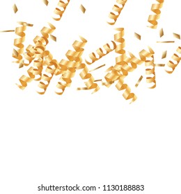  Gold confetti, ribbons. Falling glitter. Bokeh background. Abstract golden anniversary invitation template. Wedding concept card. Flying abstract particles. Explosion celebrate card.