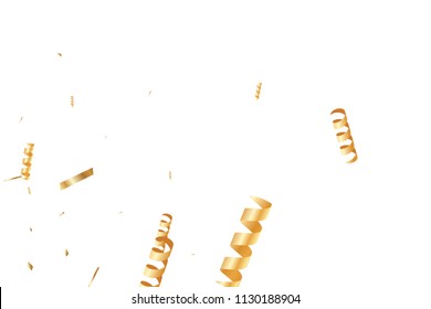  Gold confetti, ribbons. Falling glitter. Bokeh background. Abstract golden anniversary invitation template. Wedding concept card. Flying abstract particles. Explosion celebrate card.