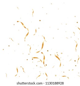  Gold confetti, ribbons. Falling glitter. Bokeh background. Abstract golden anniversary invitation template. Wedding concept card. Flying abstract particles. Explosion celebrate card.