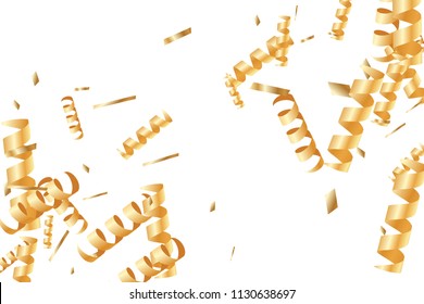  Gold confetti, ribbons. Falling glitter. Bokeh background. Abstract golden anniversary invitation template. Wedding concept card. Flying abstract particles. Explosion celebrate card.