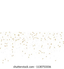  Gold confetti, ribbons. Falling glitter. Bokeh background. Abstract golden anniversary invitation template. Wedding concept card. Flying abstract particles. Explosion celebrate card.