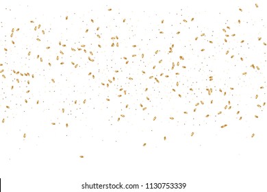  Gold confetti, ribbons. Falling glitter. Bokeh background. Abstract golden anniversary invitation template. Wedding concept card. Flying abstract particles. Explosion celebrate card.