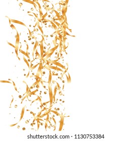  Gold confetti, ribbons. Falling glitter. Bokeh background. Abstract golden anniversary invitation template. Wedding concept card. Flying abstract particles. Explosion celebrate card.