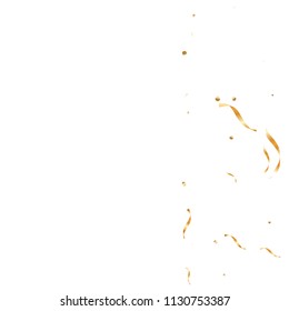  Gold confetti, ribbons. Falling glitter. Bokeh background. Abstract golden anniversary invitation template. Wedding concept card. Flying abstract particles. Explosion celebrate card.