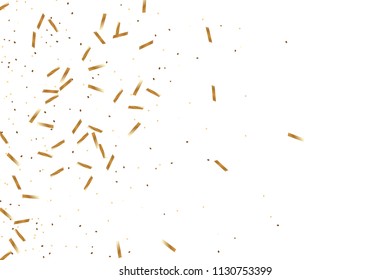  Gold confetti, ribbons. Falling glitter. Bokeh background. Abstract golden anniversary invitation template. Wedding concept card. Flying abstract particles. Explosion celebrate card.