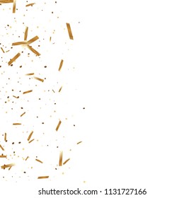  Gold confetti, ribbons. Falling glitter. Bokeh background. Abstract golden anniversary invitation template. Wedding concept card. Flying abstract particles. Explosion celebrate card.