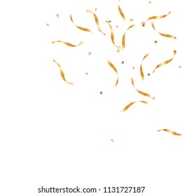  Gold confetti, ribbons. Falling glitter. Bokeh background. Abstract golden anniversary invitation template. Wedding concept card. Flying abstract particles. Explosion celebrate card.