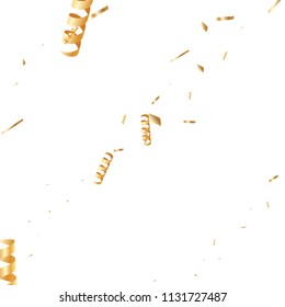  Gold confetti, ribbons. Falling glitter. Bokeh background. Abstract golden anniversary invitation template. Wedding concept card. Flying abstract particles. Explosion celebrate card.
