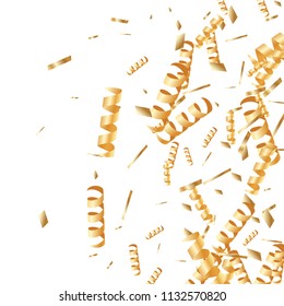  Gold confetti, ribbons. Falling glitter. Bokeh background. Abstract golden anniversary invitation template. Wedding concept card. Flying abstract particles. Explosion celebrate card.