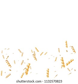  Gold confetti, ribbons. Falling glitter. Bokeh background. Abstract golden anniversary invitation template. Wedding concept card. Flying abstract particles. Explosion celebrate card.