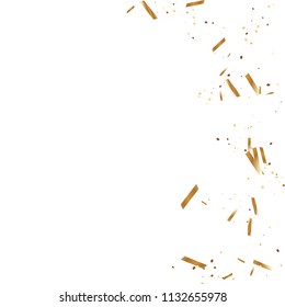  Gold confetti, ribbons. Falling glitter. Bokeh background. Abstract golden anniversary invitation template. Wedding concept card. Flying abstract particles. Explosion celebrate card.