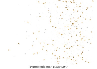  Gold confetti, ribbons. Falling glitter. Bokeh background. Abstract golden anniversary invitation template. Wedding concept card. Flying abstract particles. Explosion celebrate card.