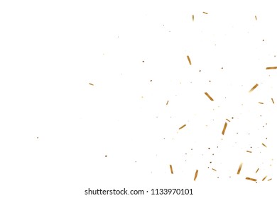  Gold confetti, ribbons. Falling glitter. Bokeh background. Abstract golden anniversary invitation template. Wedding concept card. Flying abstract particles. Explosion celebrate card.
