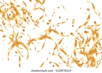  Gold confetti, ribbons. Falling glitter. Bokeh background. Abstract golden anniversary invitation template. Wedding concept card. Flying abstract particles. Explosion celebrate card.