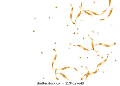  Gold confetti, ribbons. Falling glitter. Bokeh background. Abstract golden anniversary invitation template. Wedding concept card. Flying abstract particles. Explosion celebrate card.