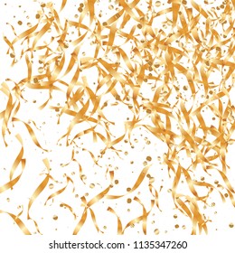  Gold confetti, ribbons. Falling glitter. Bokeh background. Abstract golden anniversary invitation template. Wedding concept card. Flying abstract particles. Explosion celebrate card.
