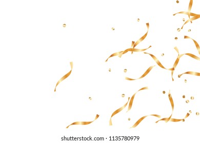  Gold confetti, ribbons. Falling glitter. Bokeh background. Abstract golden anniversary invitation template. Wedding concept card. Flying abstract particles. Explosion celebrate card.