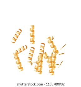  Gold confetti, ribbons. Falling glitter. Bokeh background. Abstract golden anniversary invitation template. Wedding concept card. Flying abstract particles. Explosion celebrate card.