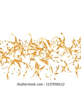  Gold confetti, ribbons. Falling glitter. Bokeh background. Abstract golden anniversary invitation template. Wedding concept card. Flying abstract particles. Explosion celebrate card.