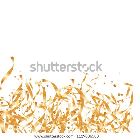  Gold confetti, ribbons. Falling glitter. Bokeh background. Abstract golden anniversary invitation template. Wedding concept card. Flying abstract particles. Explosion celebrate card.