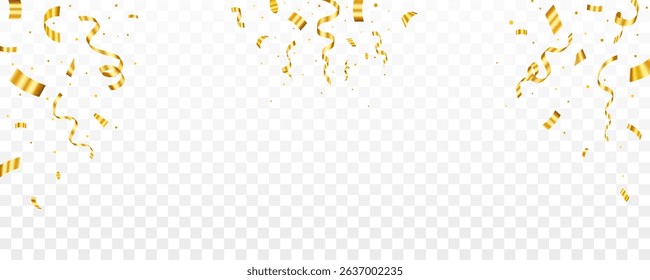 Gold confetti and ribbons falling on transparent background for celebration and party design elements. Realistic golden confetti isolated,