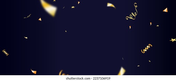 Gold confetti ribbons on blue background. Celebration background party decoration frame template . luxury greeting rich card. Festive vector design. Vector illustration