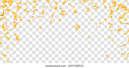 Gold confetti and ribbons on transparent background. Vector illustration.
