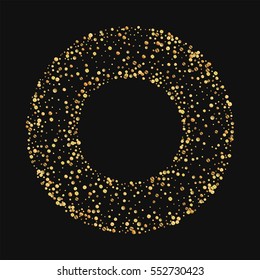 Gold confetti. Round bagel frame with gold confetti on black background. Vector illustration.