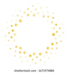 Marco redondo de confeti dorado, fondo vectorial de los días festivos. Las luces navideñas giran en círculos brillantes dorados. los puntos voladores brillan el fondo cósmico, el borde vectorial.
