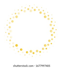 Gold confetti round frame, circle holidays vector background. Christmas lights circle golden sparkles. shining flying dots glitter cosmic backdrop, vector border.