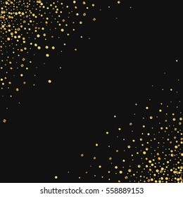 Gold confetti. Scatter abstract corners with gold confetti on black background. Vector illustration.