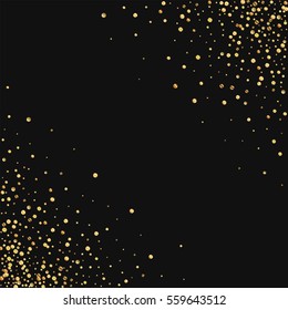 Gold confetti. Scatter cornered border with gold confetti on black background. Vector illustration.