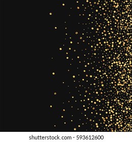 Gold confetti. Scatter right gradient on black background. Vector illustration.