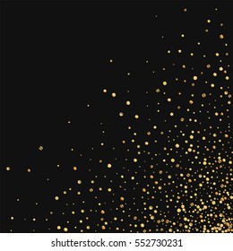 Gold confetti. Scattered bottom right corner with gold confetti on black background. Vector illustration.
