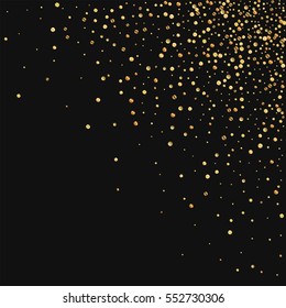 Gold confetti. Scattered top right corner with gold confetti on black background. Vector illustration.